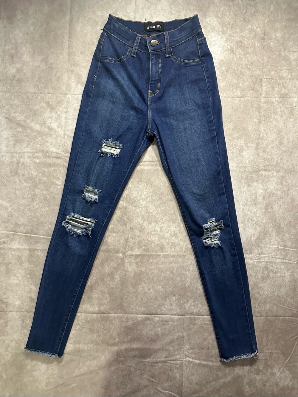Fashion Nova Dark Blue Distressed Skinny Jeans